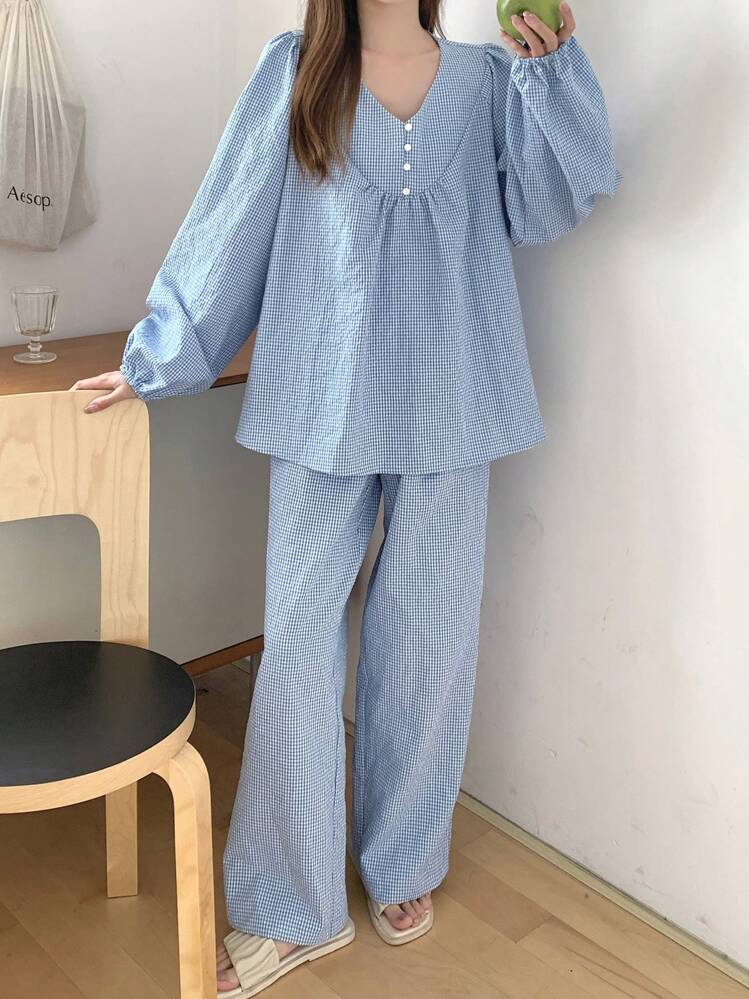 DAZY 女士前扣式睡衣套裝，適用於日常穿著 - 藍色 - 查看 7