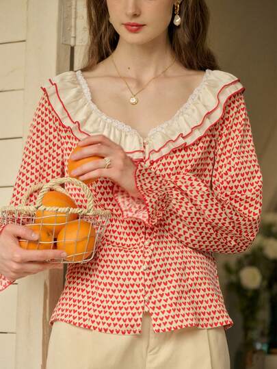Simple Retro Women Patchwork Ruffle V Neck Heart Printed Shirt