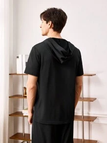 Men's Summer Solid Color Short Sleeve Hooded Homewear Top - Black - View 2