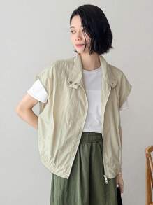 FRIFUL Women Solid Zip Up Batwing Sleeve Jacket - Khaki - View 4