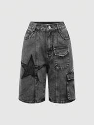 【AAKE】3-STAR PATCH BERMUDA PANTS ANIMAL PRINT STAR PATCH DENIM SHORTS - Black | ZARA United