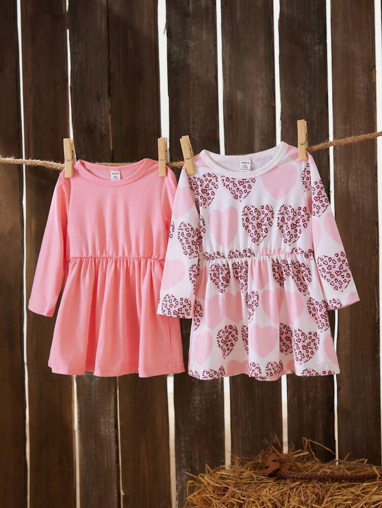 Baby Girl Spring/Summer 2pcs Heart Printed Cute Elegant Daily/Casual Dresses