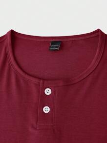 Manfinity Homme Camiseta de manga corta tipo Henley ajustada para hombre con botones de unicolor para el verano - Rojo - Ver 5