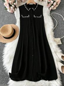 SHEIN LUNE Plus Size Sleeveless Beaded Dress - Black - View 1