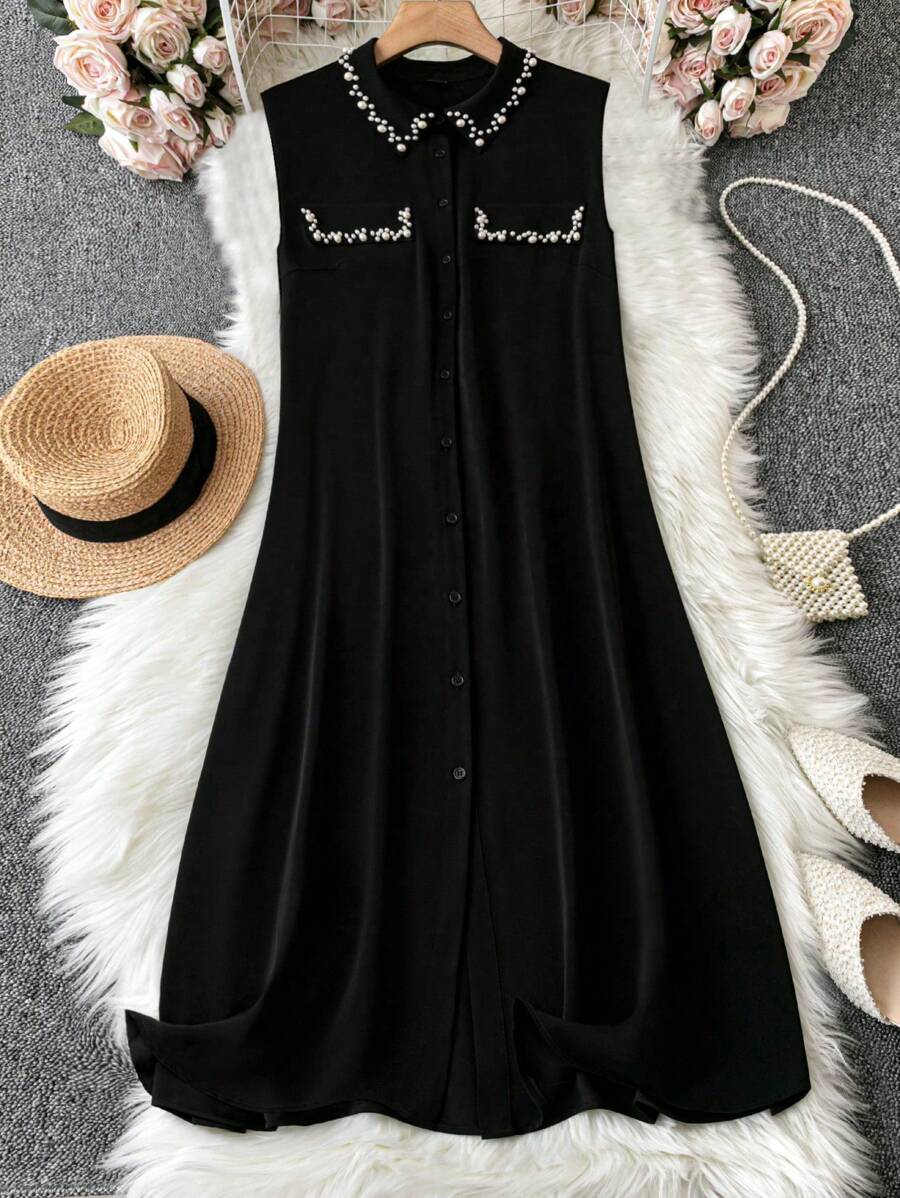 SHEIN LUNE Plus Size Sleeveless Beaded Dress - Black - View 1