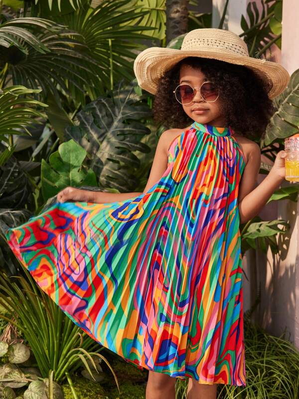 SHEIN SLAYR KIDS Young Girl's Vacation Spring/Summer Geometric Pattern Woven Pleated Halter Dress
