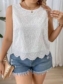 Calvaya Camisa sin mangas de talla grande de unicolor bordada con cuello redondo y detalle de ahuecado para el verano
