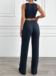 EURMUSE Cotton Rib Knit Crop Tank Top And Pants Casual Sets - Navy Blue - View 2