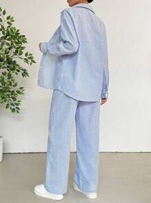 SHEIN EZwear Blue Woven Stripe Casual Three-Piece Set - Blue and White - View 2