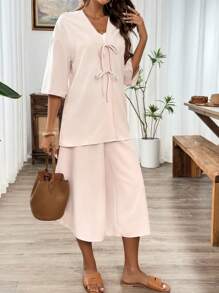 Calvaya Conjunto informal de dos piezas de estilo kimono japonés de lino para primavera/verano