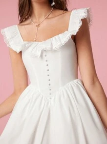 Enchnt 襯邊鈕扣前綁帶露背蕾絲連衣裙 - 白色 - 查看 7