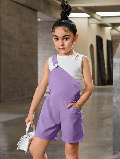 SHEIN Explorewe 年輕女孩的街頭穿搭不對稱剪裁連體褲，背心開口背心休閒裝