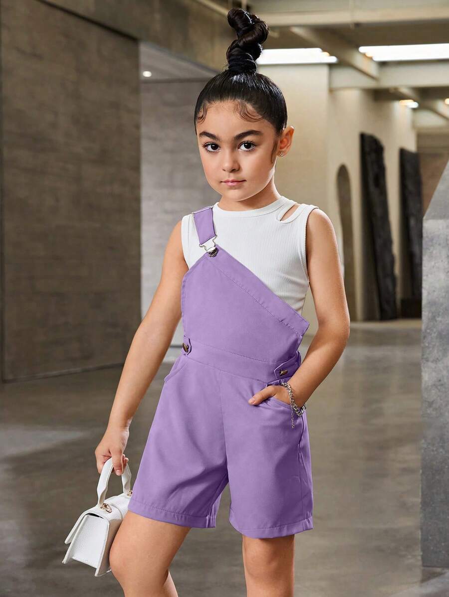 SHEIN Explorewe 年輕女孩的街頭穿搭不對稱剪裁連體褲，背心開口背心休閒裝 - 彩色 - 查看 1