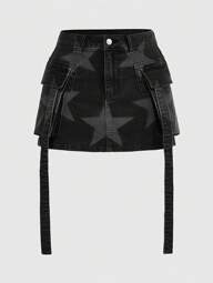 Grunge Punk Jupe crayon en jean pour femmes grande taille avec détails déchirés, motif étoile vintage, poches de vêtement de travail, école