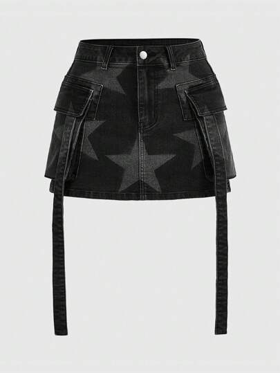 Grunge Punk Gonnellina di jeans a matita con tasche in stile vintage, motivo a stella, con dettagli consumati, taglie comode, per scuola