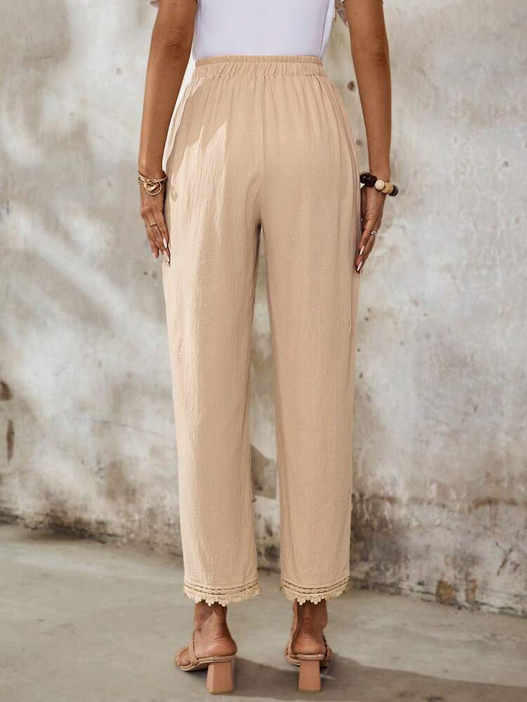 Lace Trimmed Pocket Solid Color Women's Casual Summer Daily Long Pants