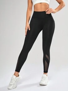 Exploreva Women's High Waist Mesh Inset Leggings With Belted Pockets, Solid Color, Workout Tights Women Leggings Set Yoga Pants