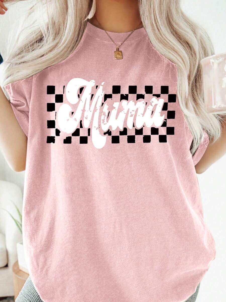 SHEIN LUNE Plus Checker & Letter Graphic Tee - Hồng - Xem 1
