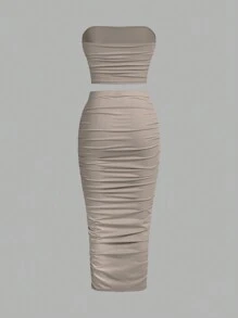 SHEIN Essnce 女士夏季休闲纯色褶皱露肩上衣外出上衣抹胸及膝修身裙套装机场装返校服装女式两件套抹胸套装秋季外出套装，3 件 - 彩色 - 查看 7