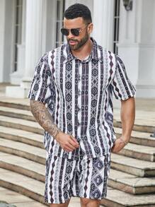 Manfinity Homme Men's Plus Size Geometric Print Short Sleeve Shirt And Shorts Set For Vacations & Leisure