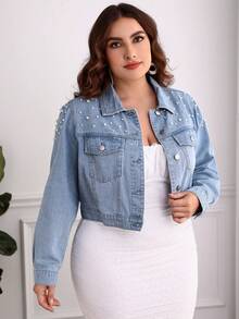 Plus Size Spring/Summer/Fall Casual Denim Jacket With Stud Embellishments - أزرق فاتح - مشاهدة 3