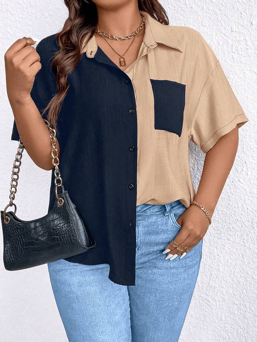 Calvaya Plus Size Women's Loose Casual Shirt With Drop Shoulder And Color Block Design, Summer - Dusty Blue - View 1