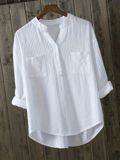 INAWLY Camisa de manga larga con cuello con muesca de unicolor casual de talla grande para primavera/verano