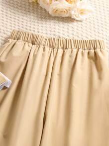 Conjunto de 2 piezas para adolescentes, camisa de cuello con solapa de manga corta y pantalones anchos de color contrastante, verano - Caqui - Ver 4