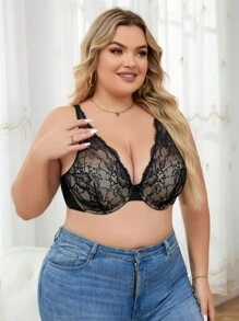 Sujetador sexy bralette con encaje negro y malla transparente con copas de esponja y aro para tallas grandes, lencería (1 pieza)