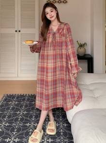 DAZY 格子呢系带荷叶袖睡裙，秋冬款 - 紅色 - 查看 6