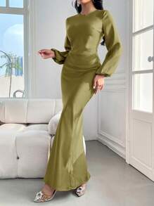 Modelyn Ladies' Solid Color Lantern Sleeve Casual Long Sleeve Dress - Olive Green - View 3