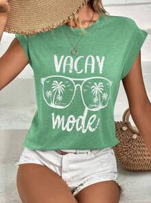 SHEIN LUNE 女士夏季字母眼镜印花圆领短袖休闲 T 恤图案 T 恤女式上衣