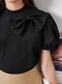 SHEIN Tween Girl Puff Sleeve Decorated Bowknot Stand Collar T-Shirt, Pleated Schoolgirl Skirt 2pcs/Set - Black - View 3