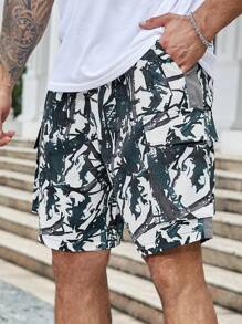 Manfinity LEGND 男士加大碼樹枝印花束腰休閒短褲，附口袋 - 黑與白 - 查看 6