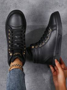 Giày thể thao cổ cao, buộc dây, họa tiết chữ tối giản, phong cách thường ngày dành cho nữ, giày thể thao phối màu unisex dành cho cặp đôi, mùa thu/đông - màu đen - Xem 4