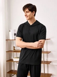 Men's Summer Solid Color Short Sleeve Hooded Homewear Top - Black - View 8