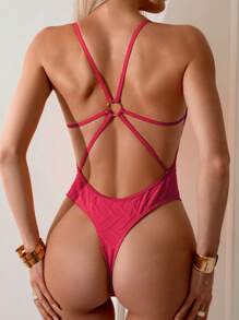 SHEIN Swim Women Solid Ring Linked One Piece Swimsuit Summer - Hot Pink - View 1