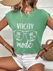 SHEIN LUNE 女士夏季字母眼镜印花圆领短袖休闲 T 恤图案 T 恤女式上衣