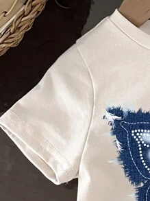 SHEIN Baby Girl Casual & Cute White Short Sleeve Butterfly Pattern Round Neck T-Shirt, Summer - White - View 4