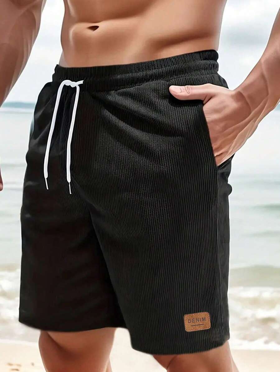 Men's Loose Casual Summer Bermuda Shorts With Letter Pattern Drawstring Waist - Black - View 1