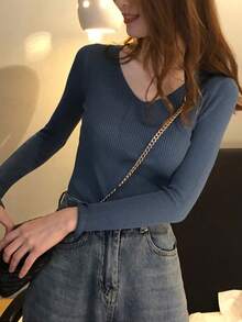 Women's Spring Autumn Solid Color Slim Fit V-Neck Pullover Sweater - Blue - View 4