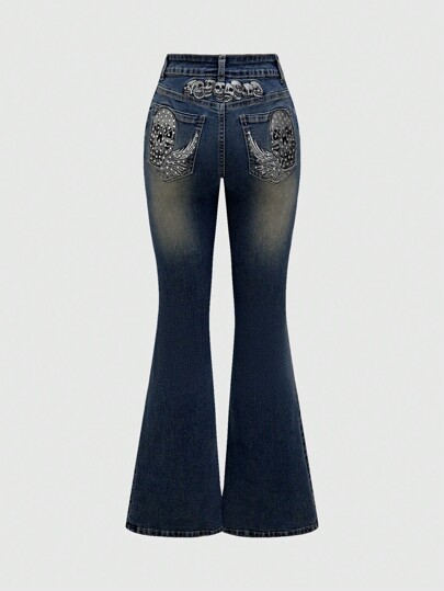 Goth Jeans évasés avec broderie de crâne au dos et strass, style Y2K, pour école