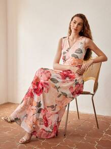 MOTF PREMIUM FLORAL PRINT V-NECK RUCHED WAIST DRESS - Multicolor - View 4