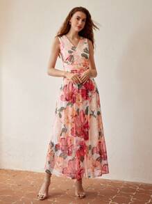 MOTF PREMIUM FLORAL PRINT V-NECK RUCHED WAIST DRESS - Multicolor - View 8