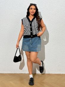 SHEIN EZwear Plus Size Retro czarno-biała kurtka bez rękawów w pepitkę na wczesną jesień