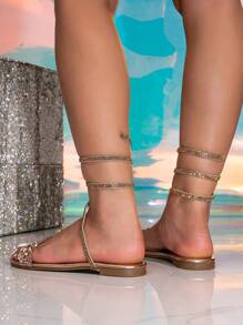 2024 Damskie sandały na płaskim obcasie, nowości, styl europejski i amerykański, proste i popularne wsuwane przyjęcie, styl rzymski, metal w tonacji złotej, kryształ górski, dwukolorowe, sandały w kształcie węża, ton srebrny, odpowiednie na plażę, wakacje, I Kempingowe Stroje