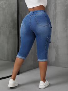 SHEIN SXY Pantalones capri de mezclilla con estiramiento de talla grande, versátiles