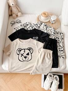 SHEIN 6pcs Cute Cartoon Bear Print Round Neck Short Sleeve T-Shirt With Elastic Waist Shorts Set For Young Boys