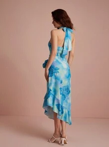 GENKIRA Vestido de verano con estampado aleatorio, cuello drapeado con 3D flores, volantes y bajo asimétrico - Azul - Ver 4
