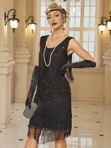 1 件女士优雅无袖纯色流苏下摆晚会礼服，复古 1920 年代风格半正式婚礼宾客礼服，适合生日、晚宴、返校节、鸡尾酒会